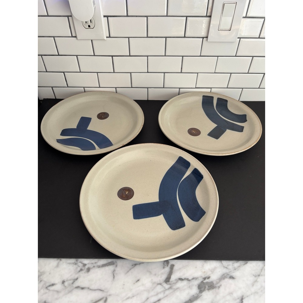 Set of 3 Iron Mountain Pottery Stoneware Dinner Plates Blue Cream 10.5"